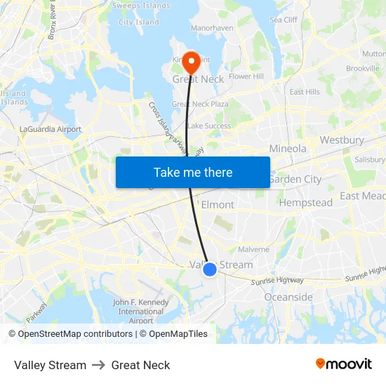 Valley Stream to Great Neck map
