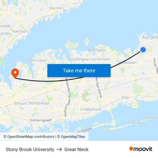 Stony Brook University to Great Neck map