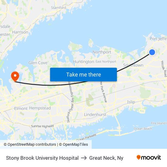 Stony Brook University Hospital to Great Neck, Ny map