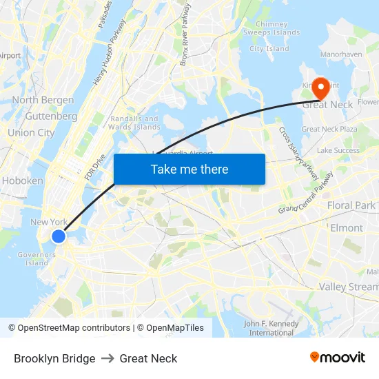 Brooklyn Bridge to Great Neck map
