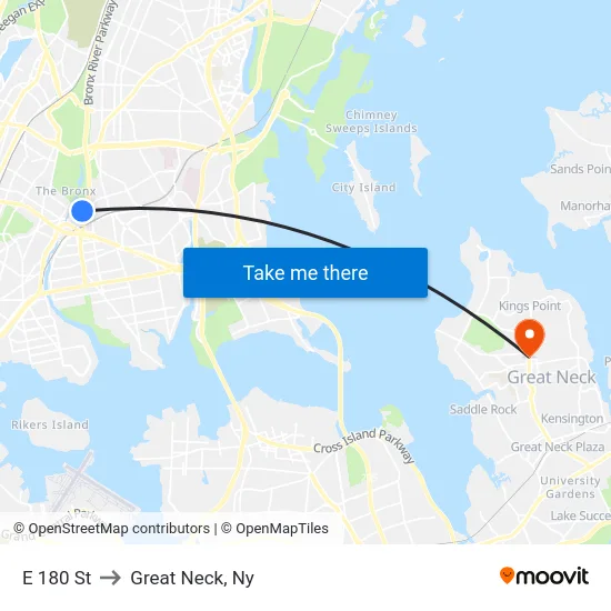 E 180 St to Great Neck, Ny map