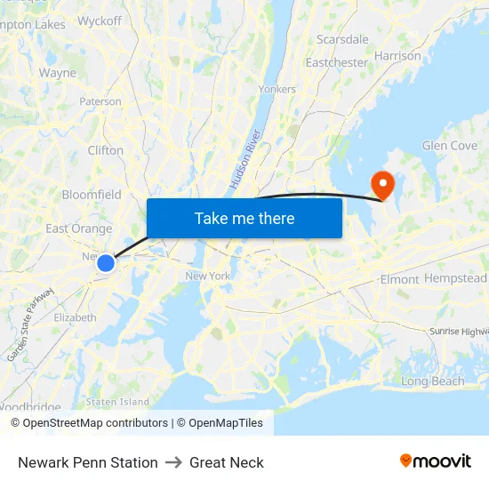 Newark Penn Station to Great Neck map