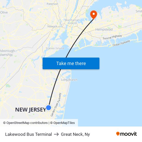 Lakewood Bus Terminal to Great Neck, Ny map