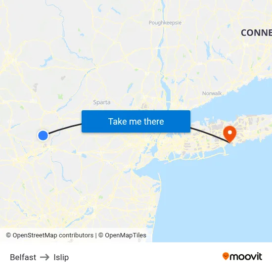 Belfast to Islip map