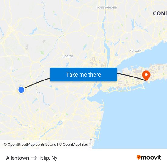 Allentown to Islip, Ny map