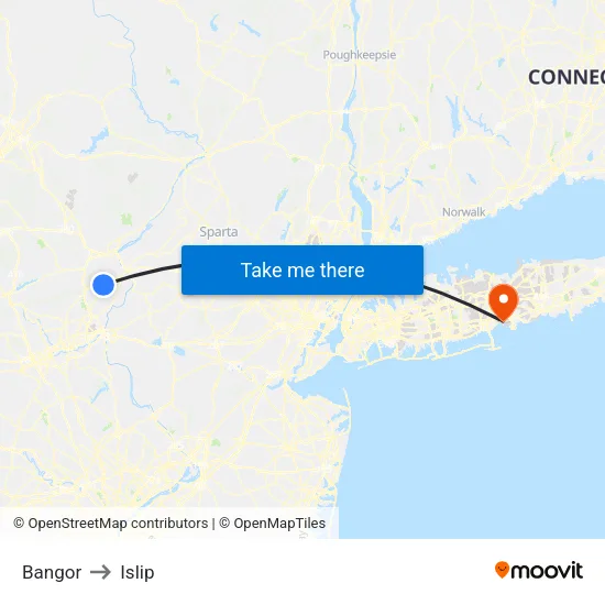 Bangor to Islip map