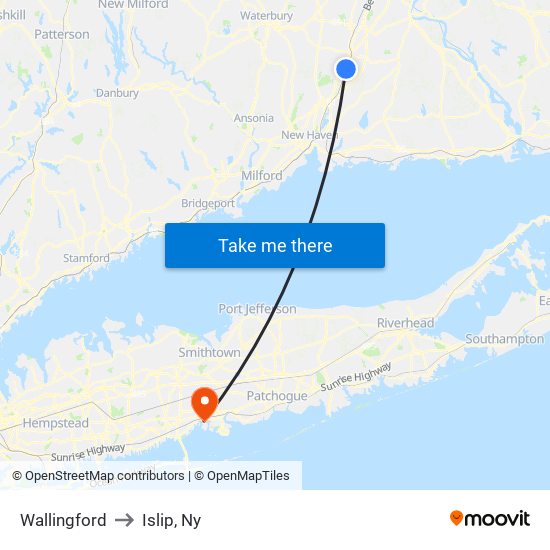 Wallingford to Islip, Ny map