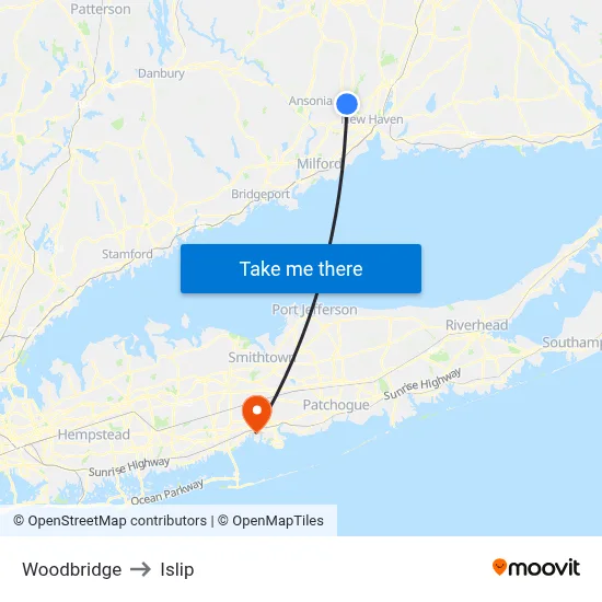 Woodbridge to Islip map