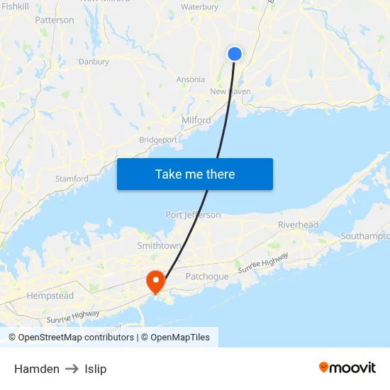Hamden to Islip map