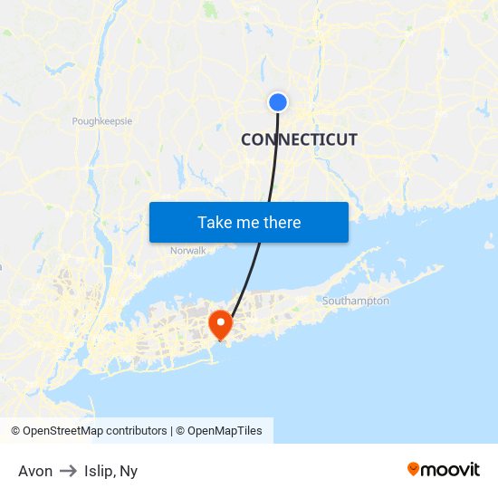 Avon to Islip, Ny map