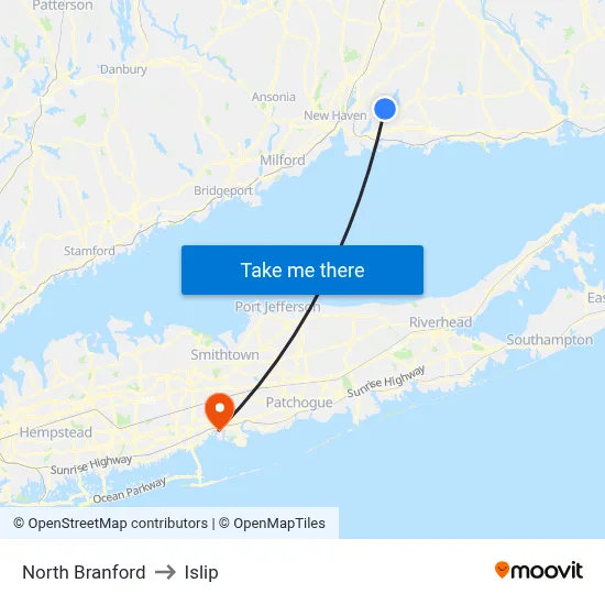 North Branford to Islip map