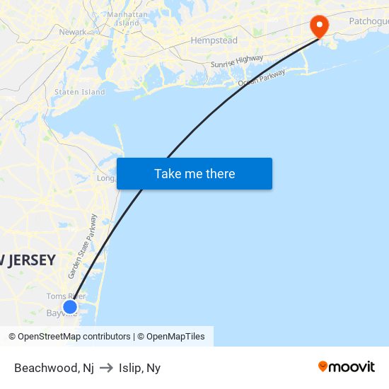 Beachwood, Nj to Islip, Ny map