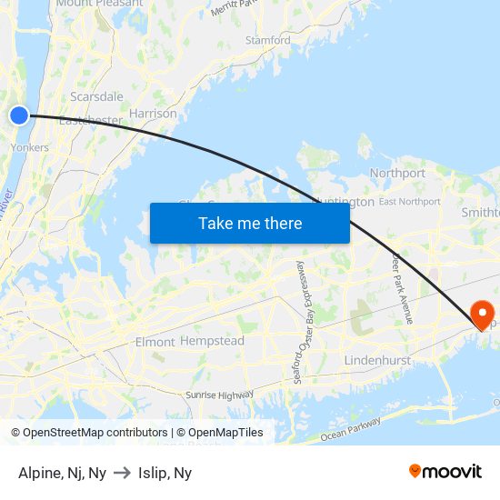 Alpine, Nj, Ny to Islip, Ny map