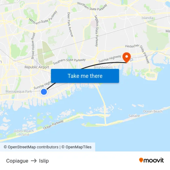 Copiague to Islip map