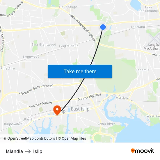 Islandia to Islip map
