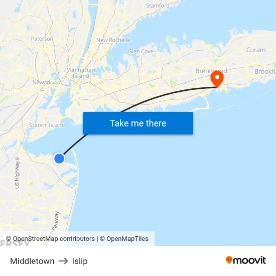 Middletown to Islip map