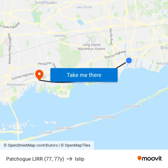 Patchogue LIRR (77, 77y) to Islip map