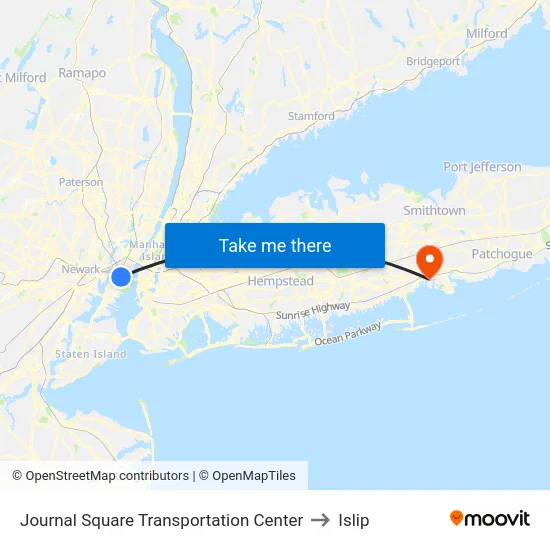 Journal Square Transportation Center to Islip map