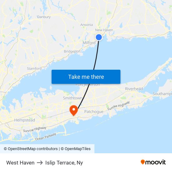 West Haven to Islip Terrace, Ny map