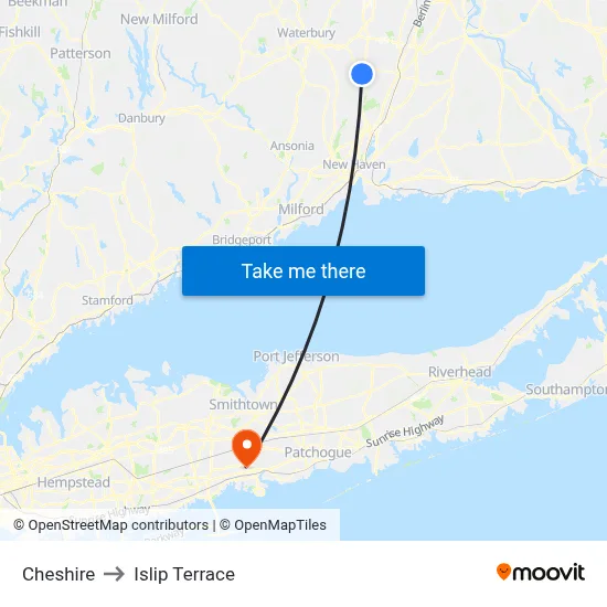 Cheshire to Islip Terrace map