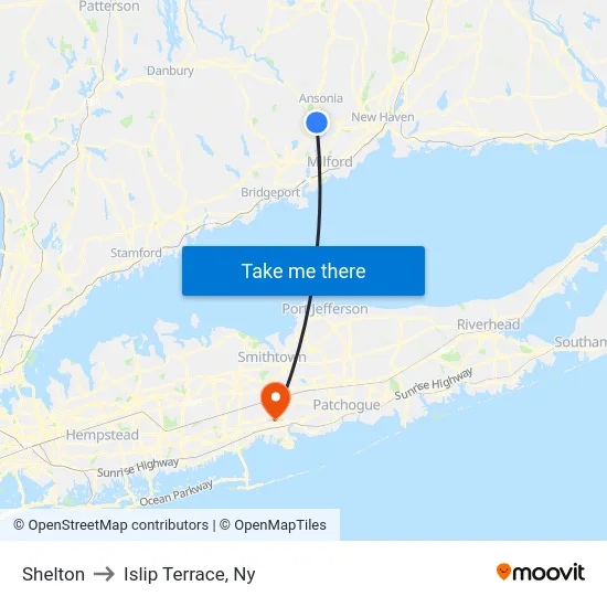Shelton to Islip Terrace, Ny map