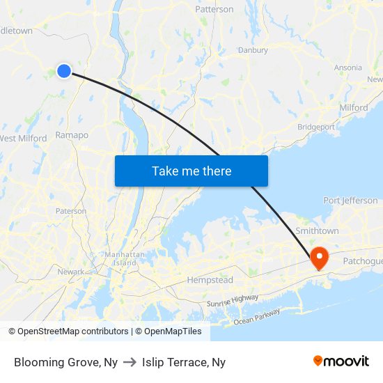 Blooming Grove, Ny to Islip Terrace, Ny map