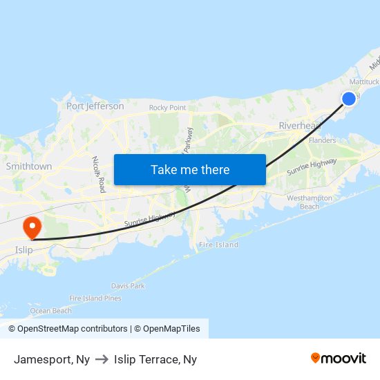 Jamesport, Ny to Islip Terrace, Ny map