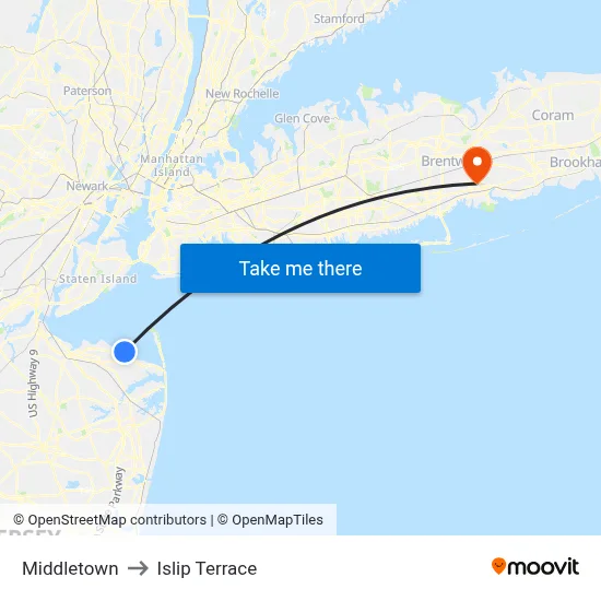 Middletown to Islip Terrace map