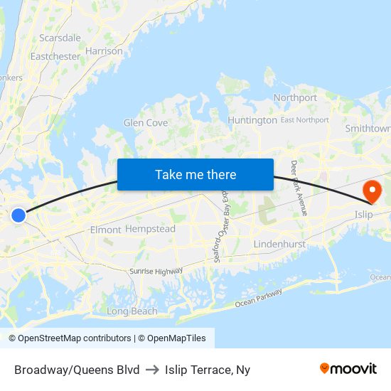 Broadway/Queens Blvd to Islip Terrace, Ny map