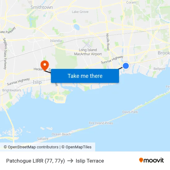 Patchogue LIRR (77, 77y) to Islip Terrace map