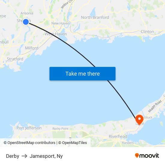 Derby to Jamesport, Ny map