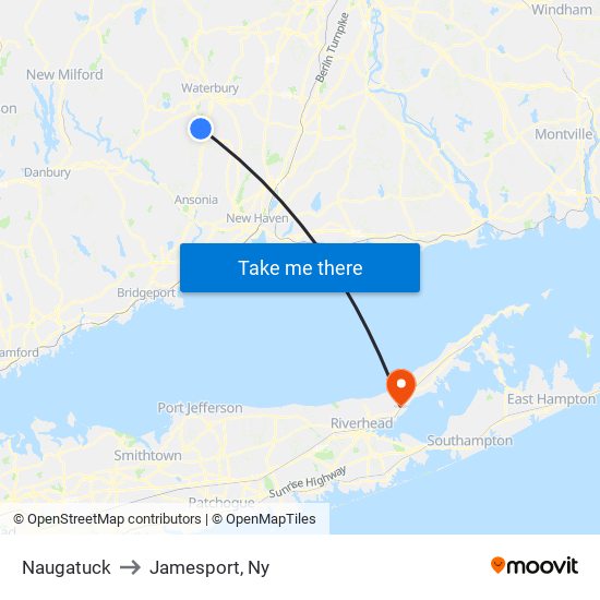 Naugatuck to Jamesport, Ny map