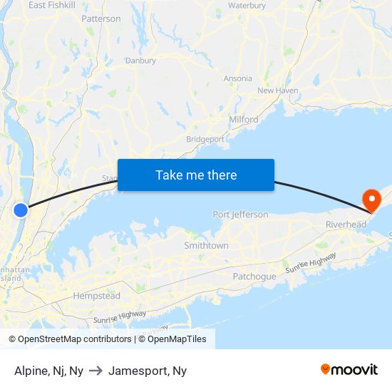 Alpine, Nj, Ny to Jamesport, Ny map