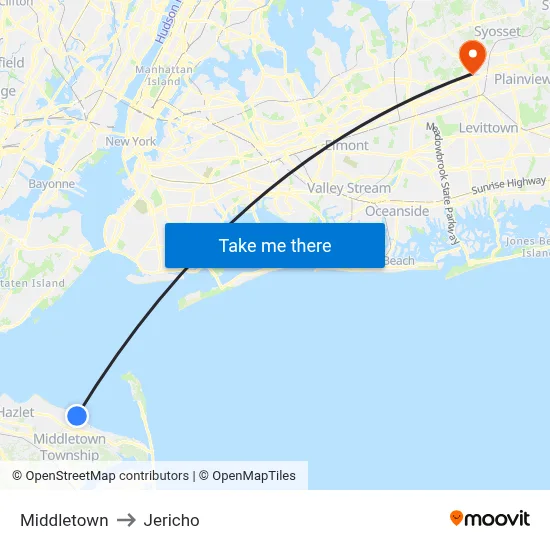 Middletown to Jericho map