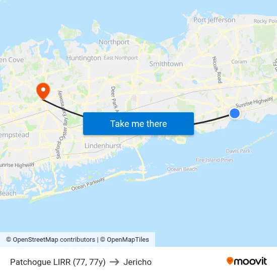 Patchogue LIRR (77, 77y) to Jericho map