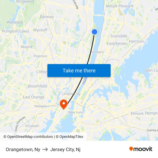 Orangetown, Ny to Jersey City, Nj map
