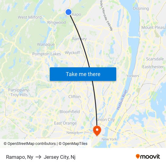 Ramapo, Ny to Jersey City, Nj map
