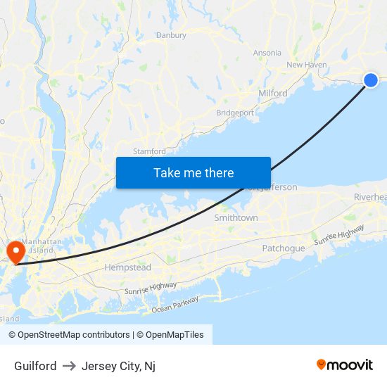 Guilford to Jersey City, Nj map