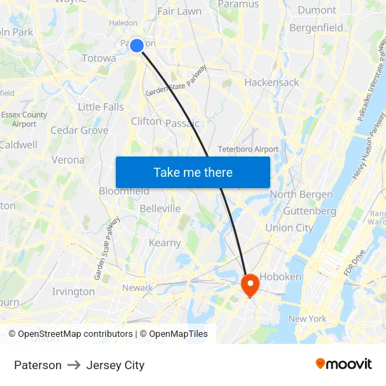 Paterson to Jersey City map