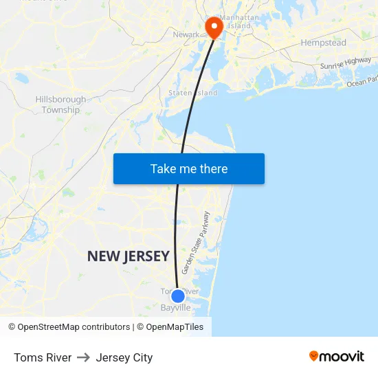 Toms River to Jersey City map