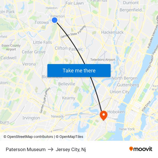 Paterson Museum to Jersey City, Nj map