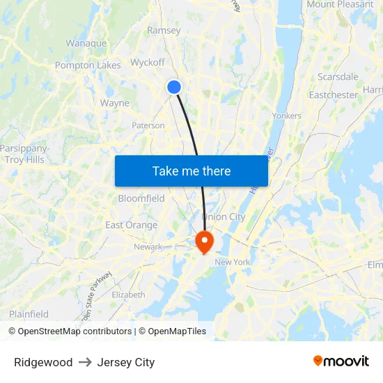 Ridgewood to Jersey City map