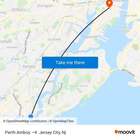 Perth Amboy to Jersey City, Nj map