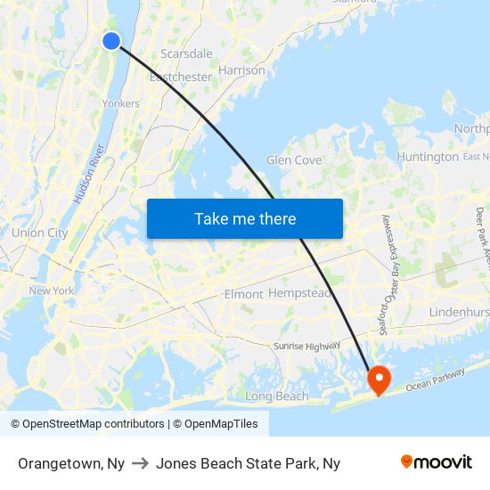 Orangetown, Ny to Jones Beach State Park, Ny map