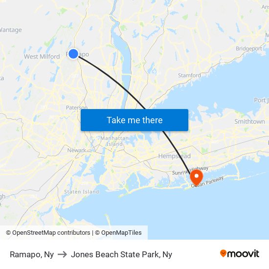 Ramapo, Ny to Jones Beach State Park, Ny map