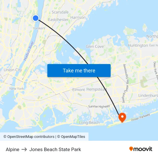 Alpine to Jones Beach State Park map