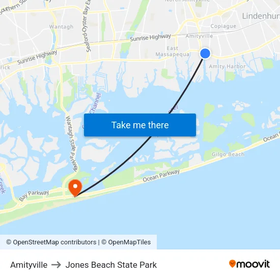 Amityville to Jones Beach State Park map