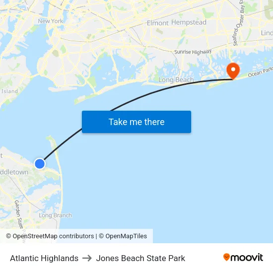 Atlantic Highlands to Jones Beach State Park map