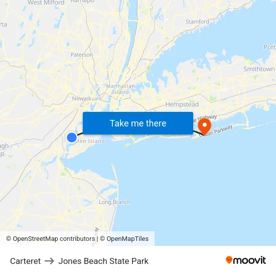 Carteret to Jones Beach State Park map