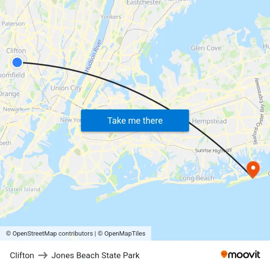 Clifton to Jones Beach State Park map